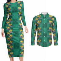 Hawaii Waikiki King Couples Matching Long Sleeve Bodycon Dress and Long Sleeve Button Shirt Green Quilt With Pua Manu LT05 Green - Polynesian Pride