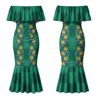 Hawaii Waikiki King Couples Matching Mermaid Dress and Long Sleeve Button Shirt Green Quilt With Pua Manu LT05 - Polynesian Pride