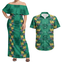 Hawaii Waikiki King Couples Matching Off Shoulder Maxi Dress and Hawaiian Shirt Green Quilt With Pua Manu LT05 Green - Polynesian Pride