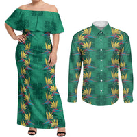 Hawaii Waikiki King Couples Matching Off Shoulder Maxi Dress and Long Sleeve Button Shirt Green Quilt With Pua Manu LT05 Green - Polynesian Pride