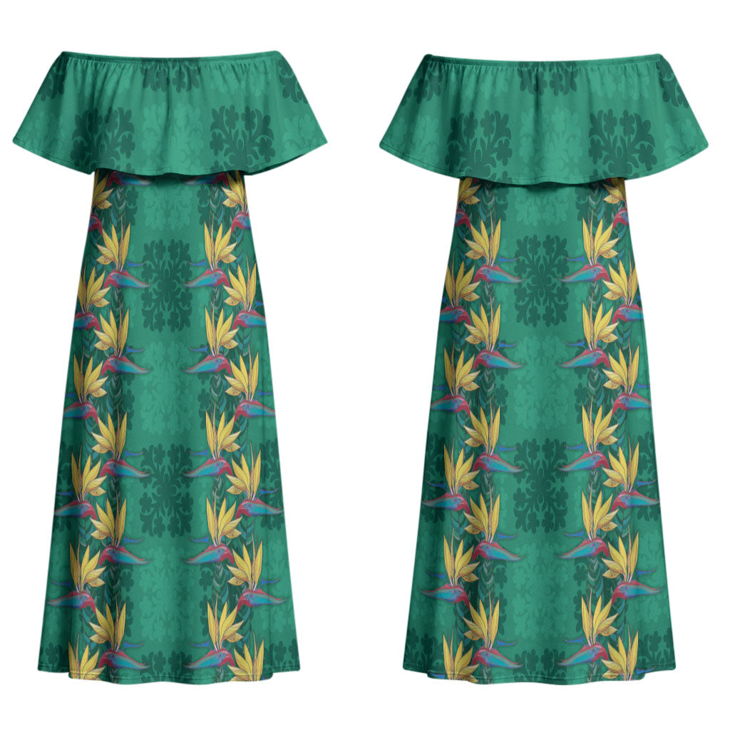 Hawaii Waikiki King Couples Matching Off Shoulder Maxi Dress and Long Sleeve Button Shirt Green Quilt With Pua Manu LT05 - Polynesian Pride