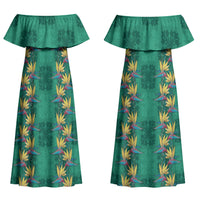 Hawaii Waikiki King Couples Matching Off Shoulder Maxi Dress and Long Sleeve Button Shirt Green Quilt With Pua Manu LT05 - Polynesian Pride