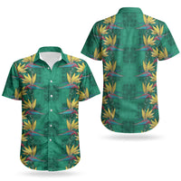 Hawaii Waikiki King Couples Matching Off Shoulder Short Dress and Hawaiian Shirt Green Quilt With Pua Manu LT05 - Polynesian Pride