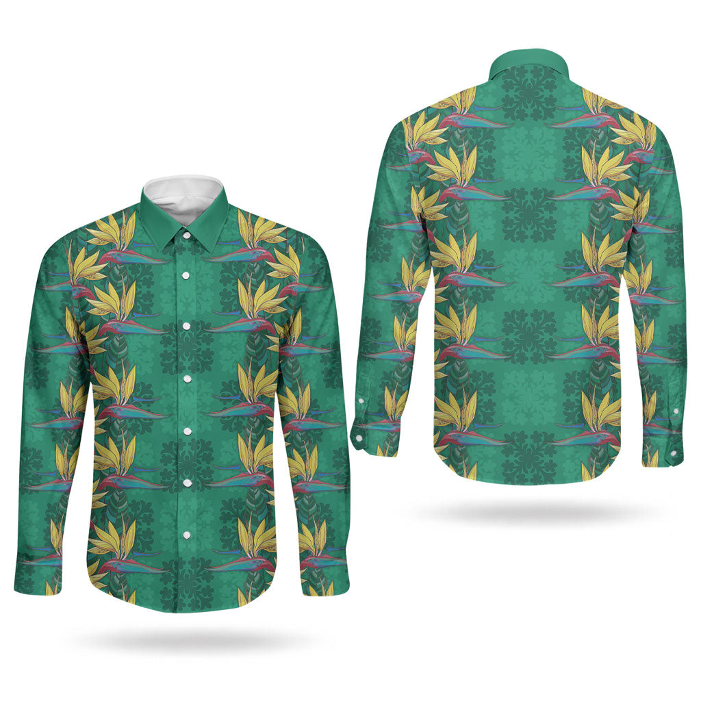 Hawaii Waikiki King Couples Matching Off Shoulder Short Dress and Long Sleeve Button Shirt Green Quilt With Pua Manu LT05 - Polynesian Pride