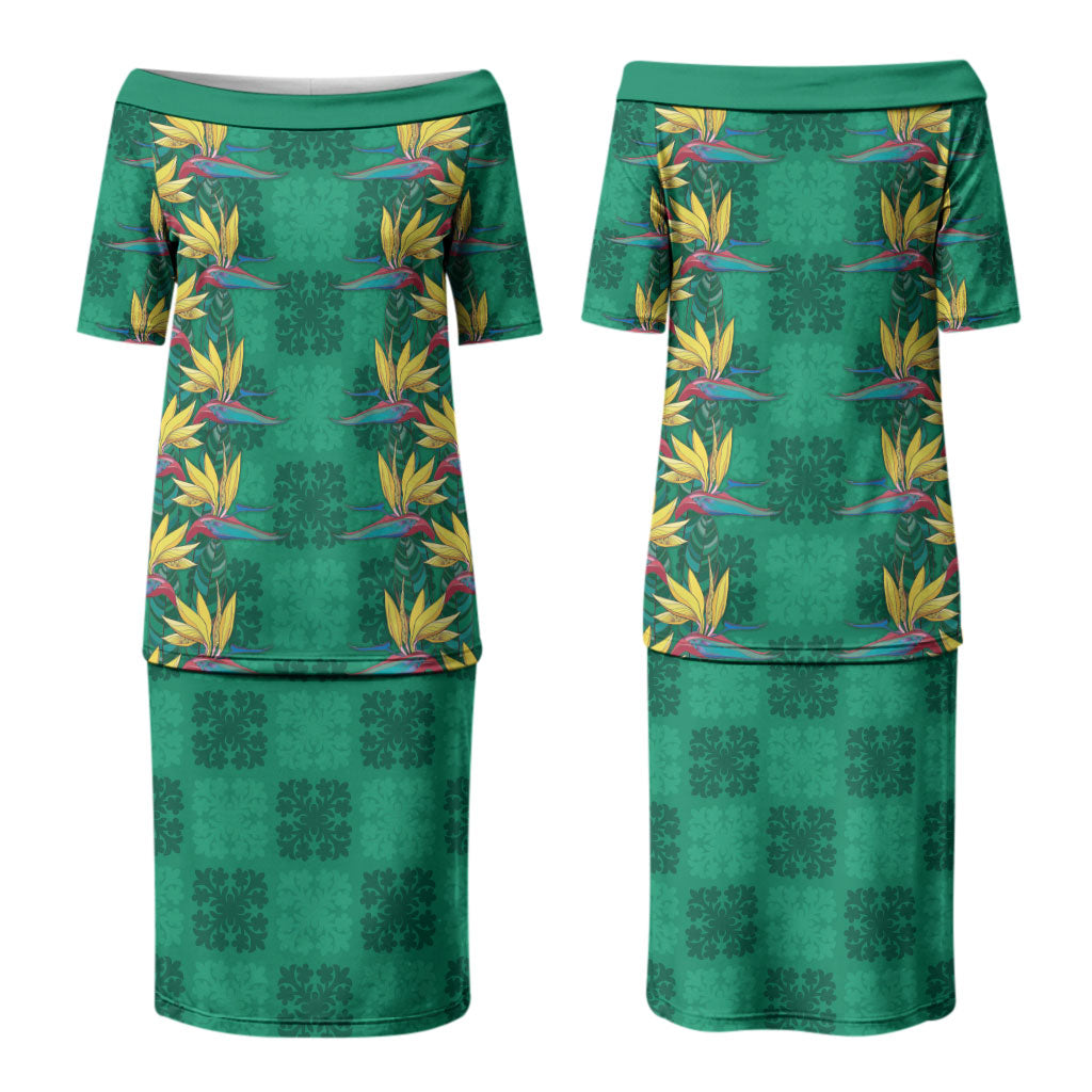 Hawaii Waikiki King Couples Matching Puletasi and Hawaiian Shirt Green Quilt With Pua Manu LT05 - Polynesian Pride