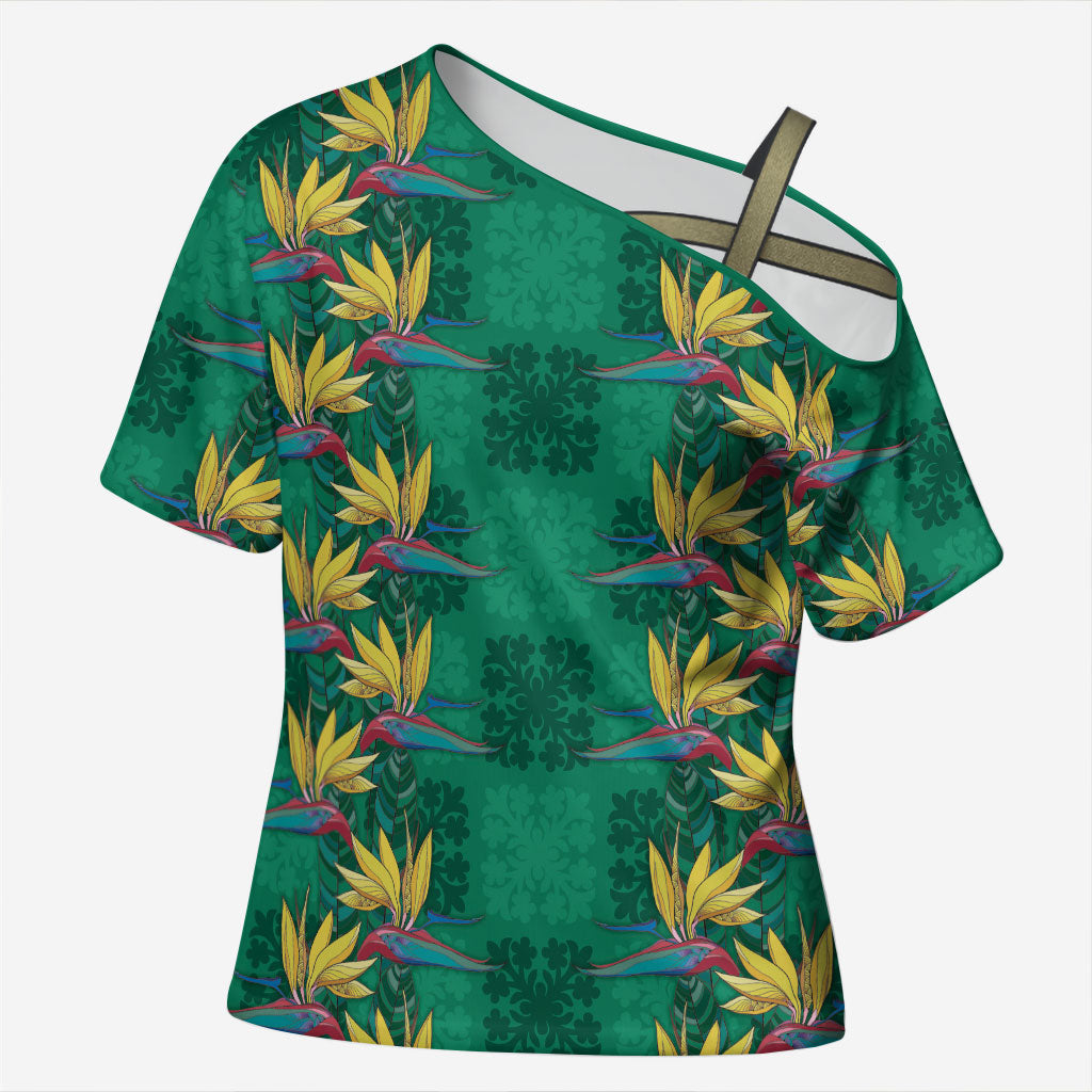 Hawaii Waikiki King Cross Shoulder Shirt Green Quilt With Pua Manu LT05 Female Green - Polynesian Pride