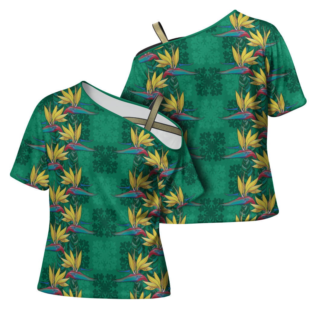 Hawaii Waikiki King Cross Shoulder Shirt Green Quilt With Pua Manu LT05 - Polynesian Pride