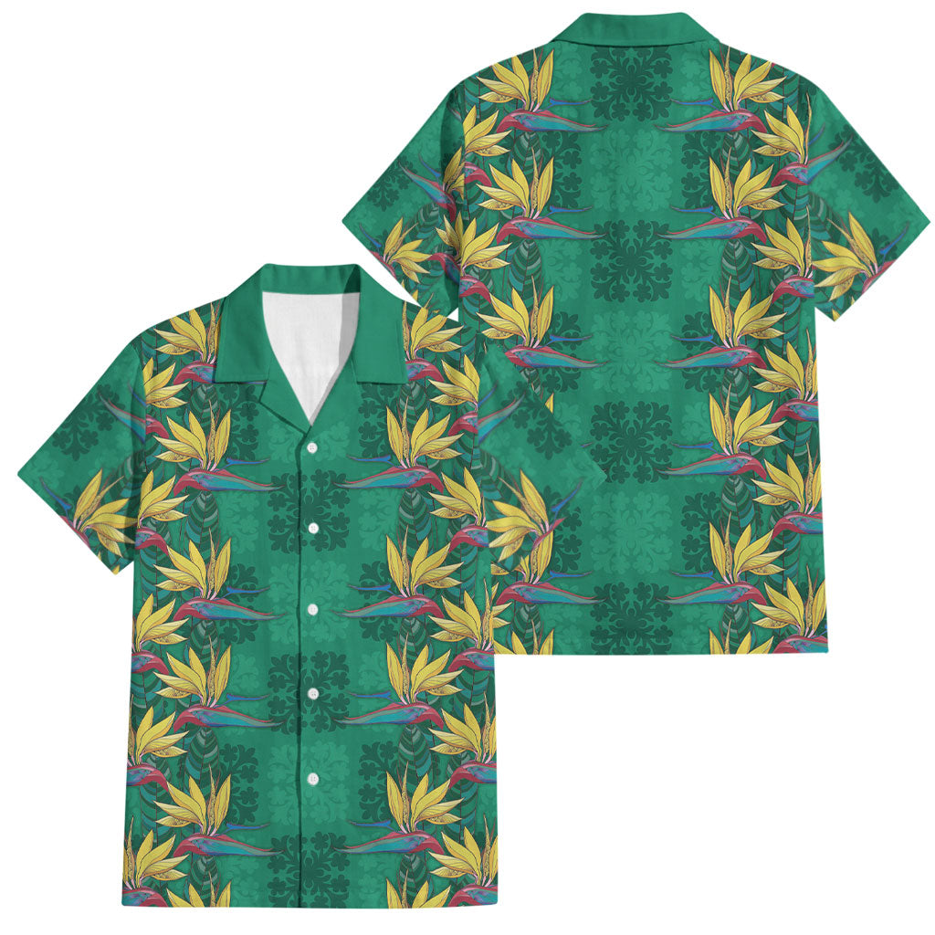 Hawaii Waikiki King Family Matching Long Sleeve Bodycon Dress and Hawaiian Shirt Green Quilt With Pua Manu LT05 Dad's Shirt - Short Sleeve Green - Polynesian Pride