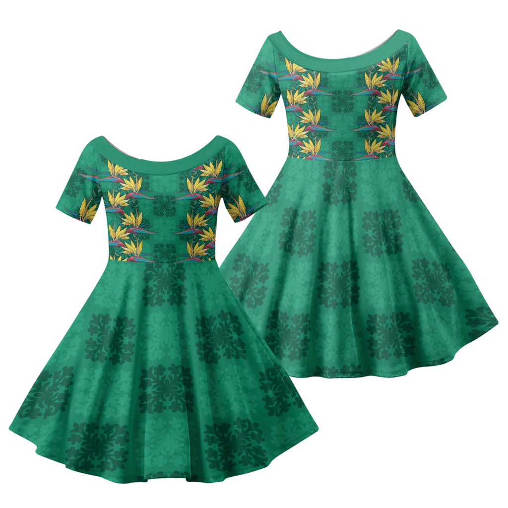 Hawaii Waikiki King Family Matching Mermaid Dress and Hawaiian Shirt Green Quilt With Pua Manu LT05 Daughter's Dress Green - Polynesian Pride