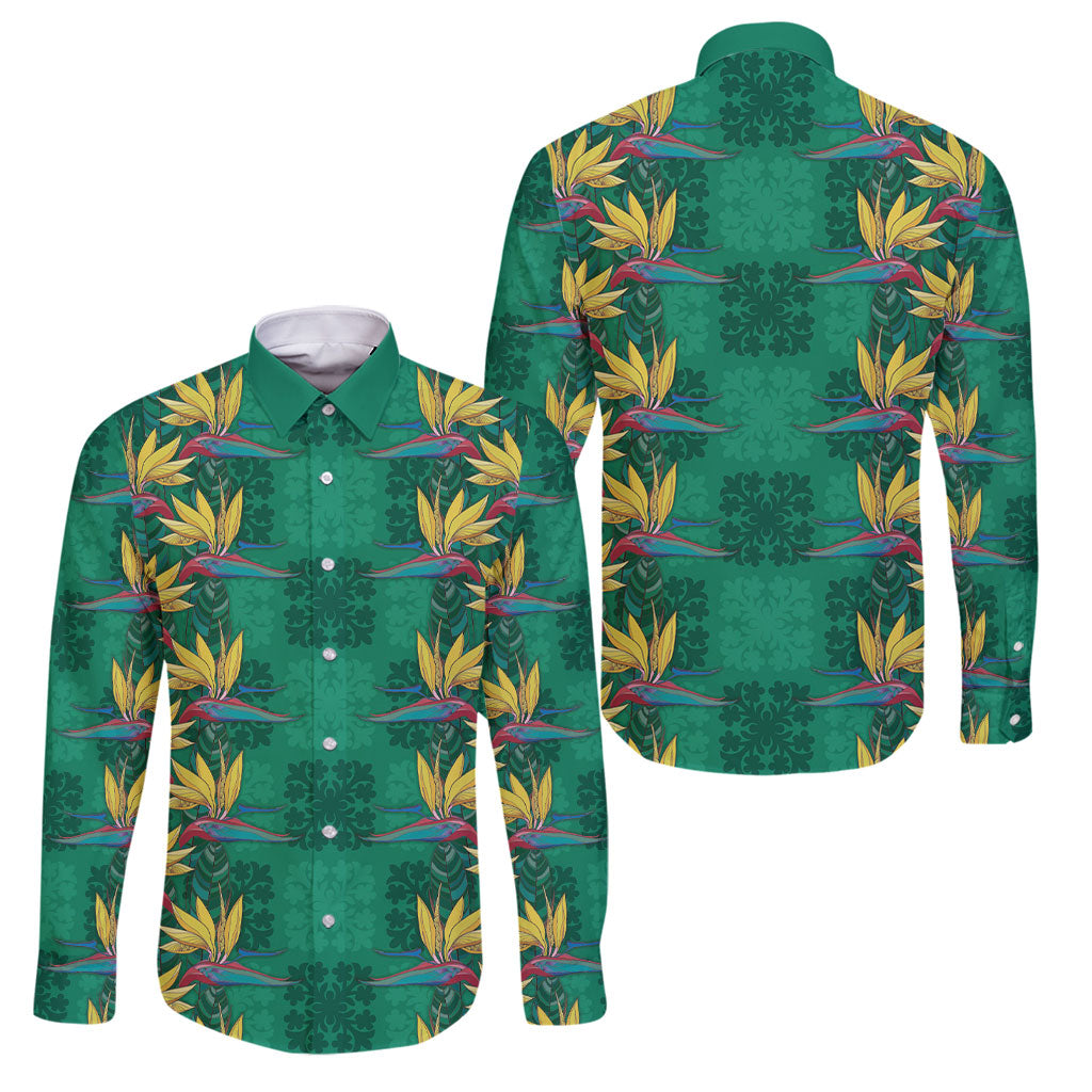 Hawaii Waikiki King Family Matching Off The Shoulder Long Sleeve Dress and Hawaiian Shirt Green Quilt With Pua Manu LT05 Dad's Shirt - Long Sleeve Green - Polynesian Pride