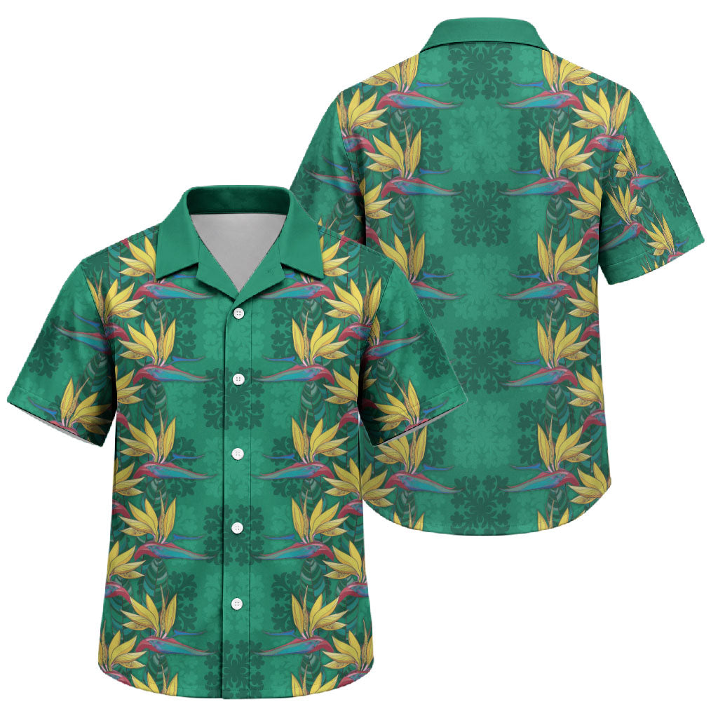 Hawaii Waikiki King Family Matching Short Sleeve Bodycon Dress and Hawaiian Shirt Green Quilt With Pua Manu LT05 Son's Shirt Green - Polynesian Pride