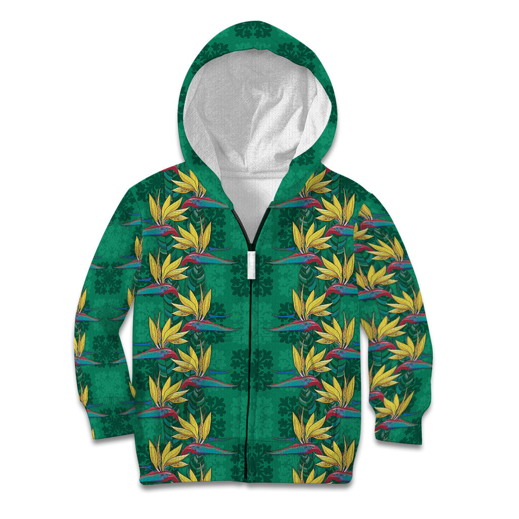 Hawaii Waikiki King Kid Hoodie Green Quilt With Pua Manu LT05 Zip Hoodie Green - Polynesian Pride