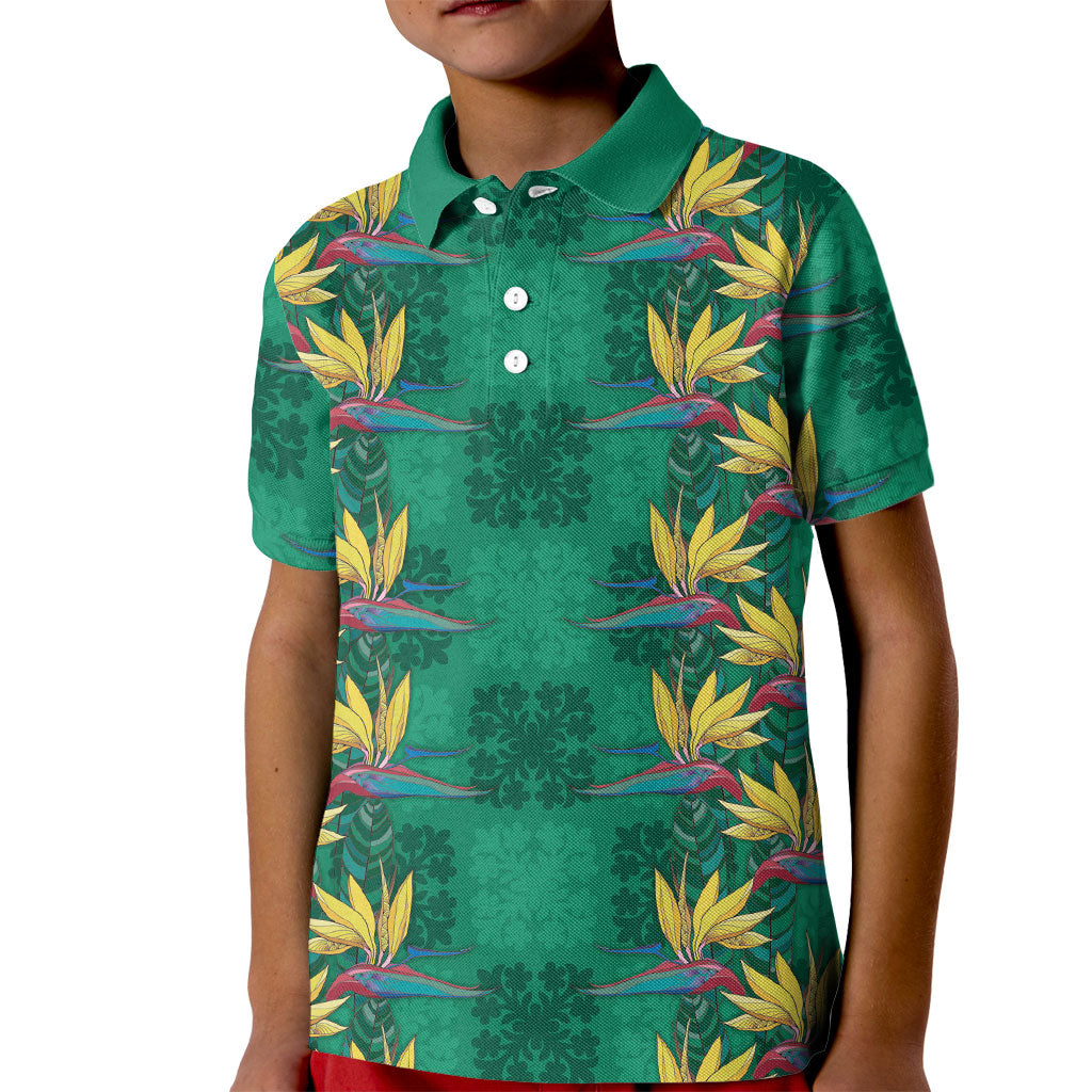 Hawaii Waikiki King Kid Polo Shirt Green Quilt With Pua Manu LT05 Kid Green - Polynesian Pride