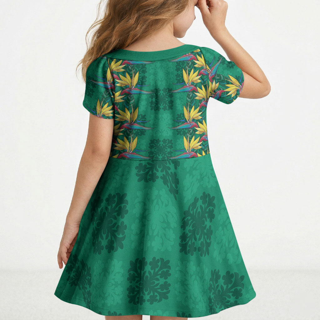 Hawaii Waikiki King Kid Short Sleeve Dress Green Quilt With Pua Manu LT05 - Polynesian Pride