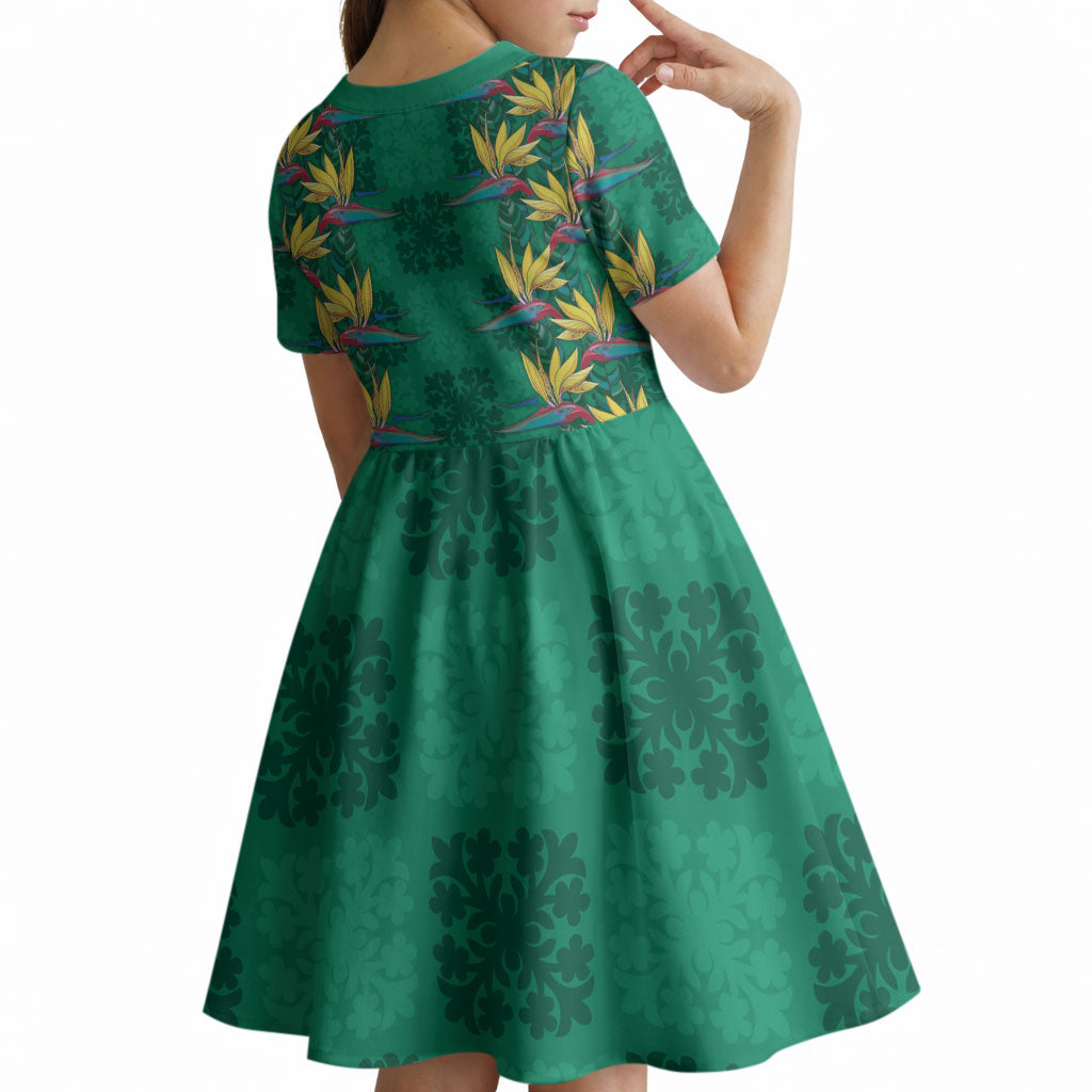 Hawaii Waikiki King Kid Short Sleeve Dress Green Quilt With Pua Manu LT05 - Polynesian Pride