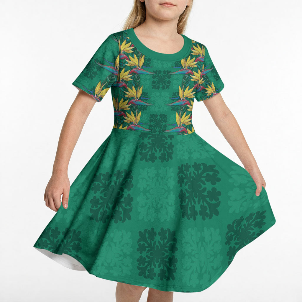 Hawaii Waikiki King Kid Short Sleeve Dress Green Quilt With Pua Manu LT05 - Polynesian Pride