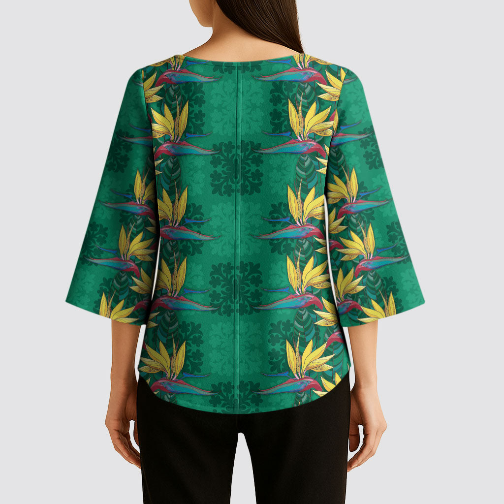 Hawaii Waikiki King Kimono Sleeve Blouse Green Quilt With Pua Manu LT05 - Polynesian Pride
