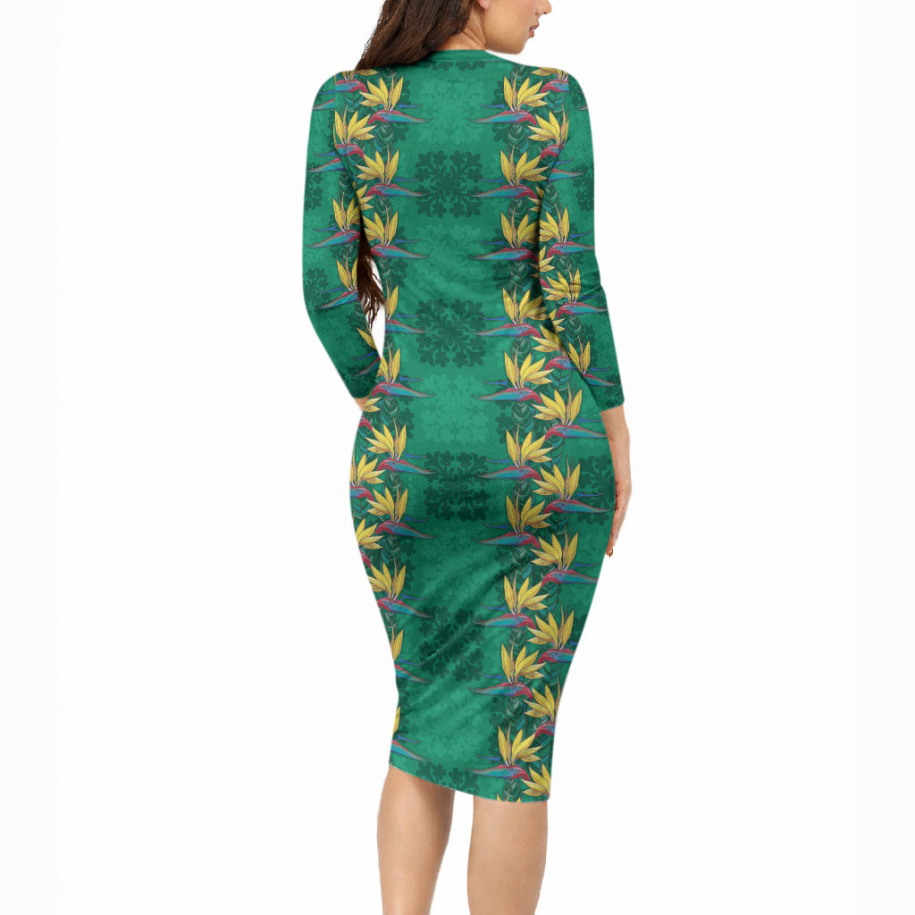 Hawaii Waikiki King Long Sleeve Bodycon Dress Green Quilt With Pua Manu LT05 - Polynesian Pride