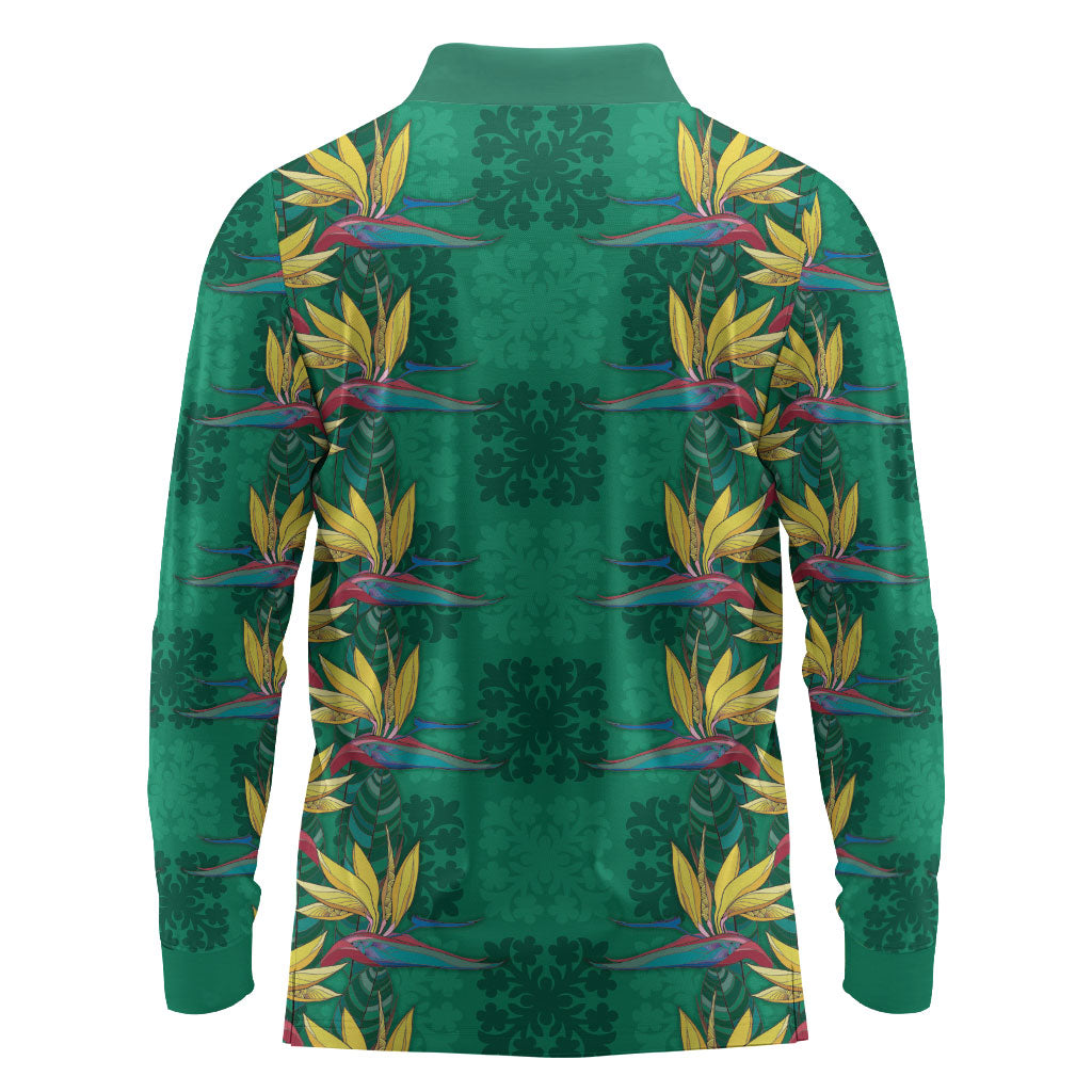 Hawaii Waikiki King Long Sleeve Polo Shirt Green Quilt With Pua Manu LT05 - Polynesian Pride
