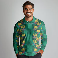 Hawaii Waikiki King Long Sleeve Polo Shirt Green Quilt With Pua Manu LT05 - Polynesian Pride