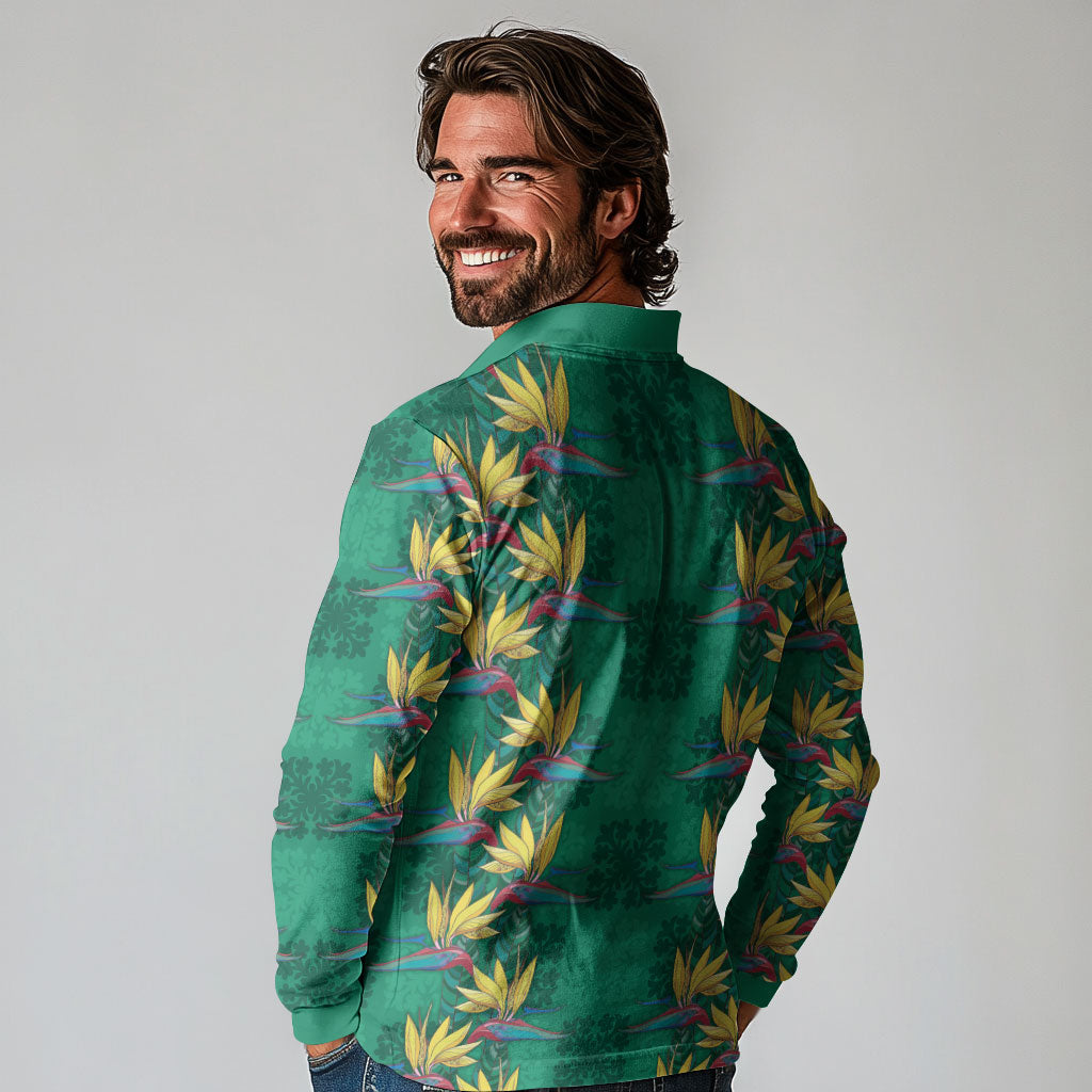 Hawaii Waikiki King Long Sleeve Polo Shirt Green Quilt With Pua Manu LT05 - Polynesian Pride