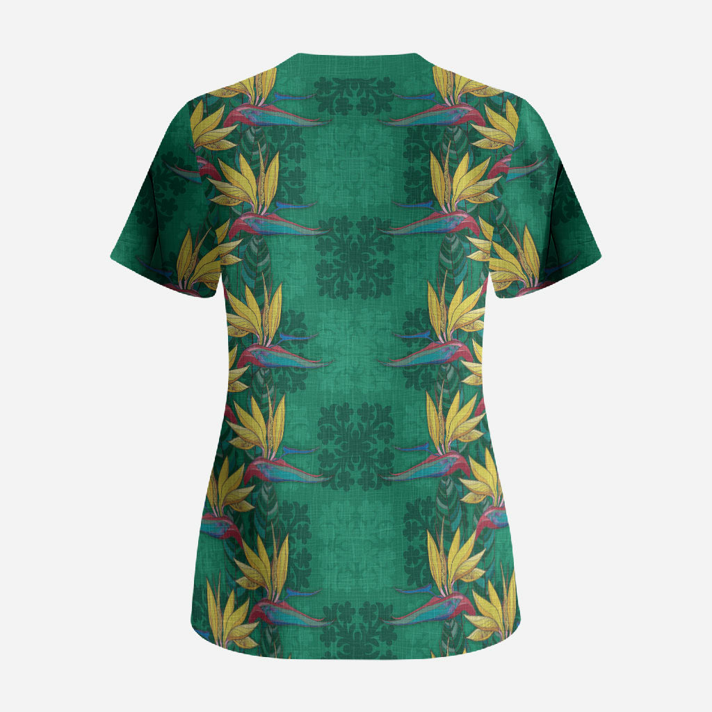 Hawaii Waikiki King Scrub Top Green Quilt With Pua Manu LT05 - Polynesian Pride