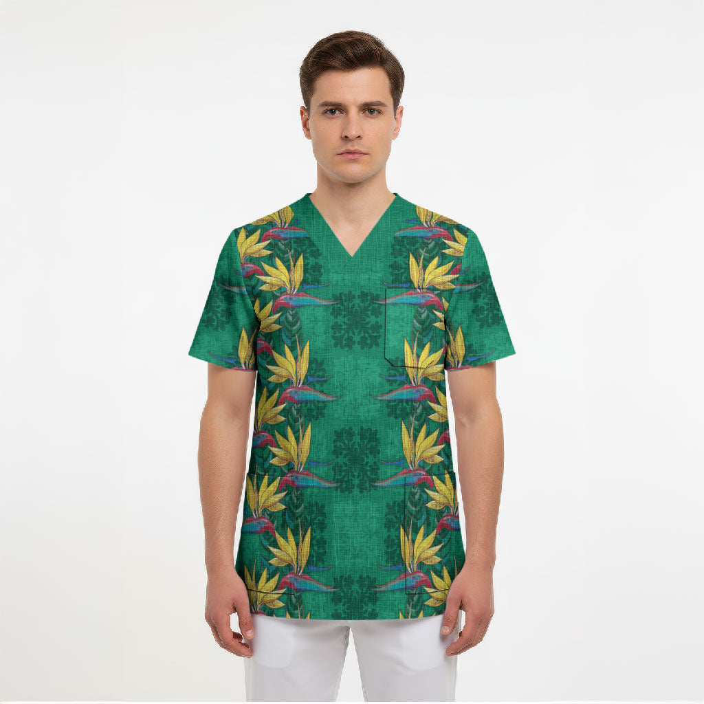Hawaii Waikiki King Scrub Top Green Quilt With Pua Manu LT05 - Polynesian Pride