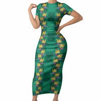 Hawaii Waikiki King Short Sleeve Bodycon Dress Green Quilt With Pua Manu LT05 Long Dress Green - Polynesian Pride