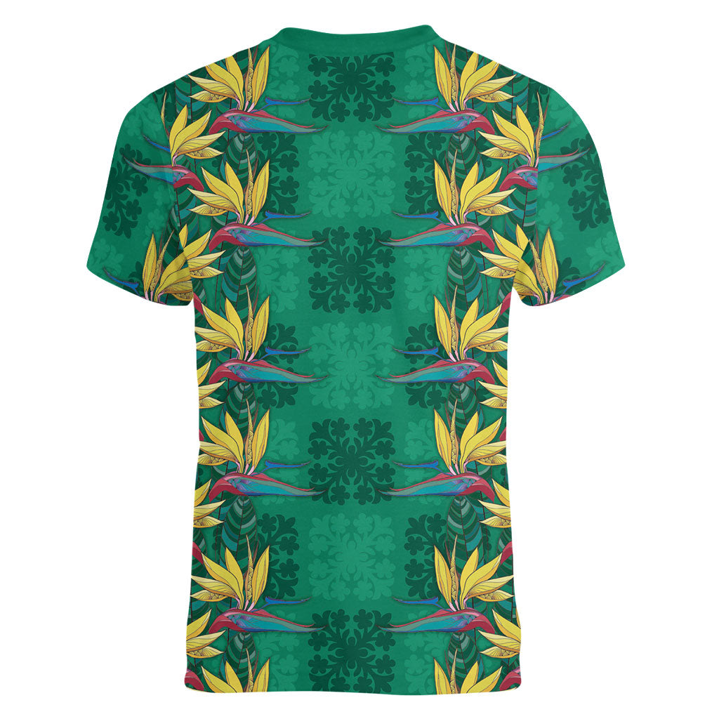Hawaii Waikiki King Women V-Neck T-Shirt Green Quilt With Pua Manu LT05 - Polynesian Pride