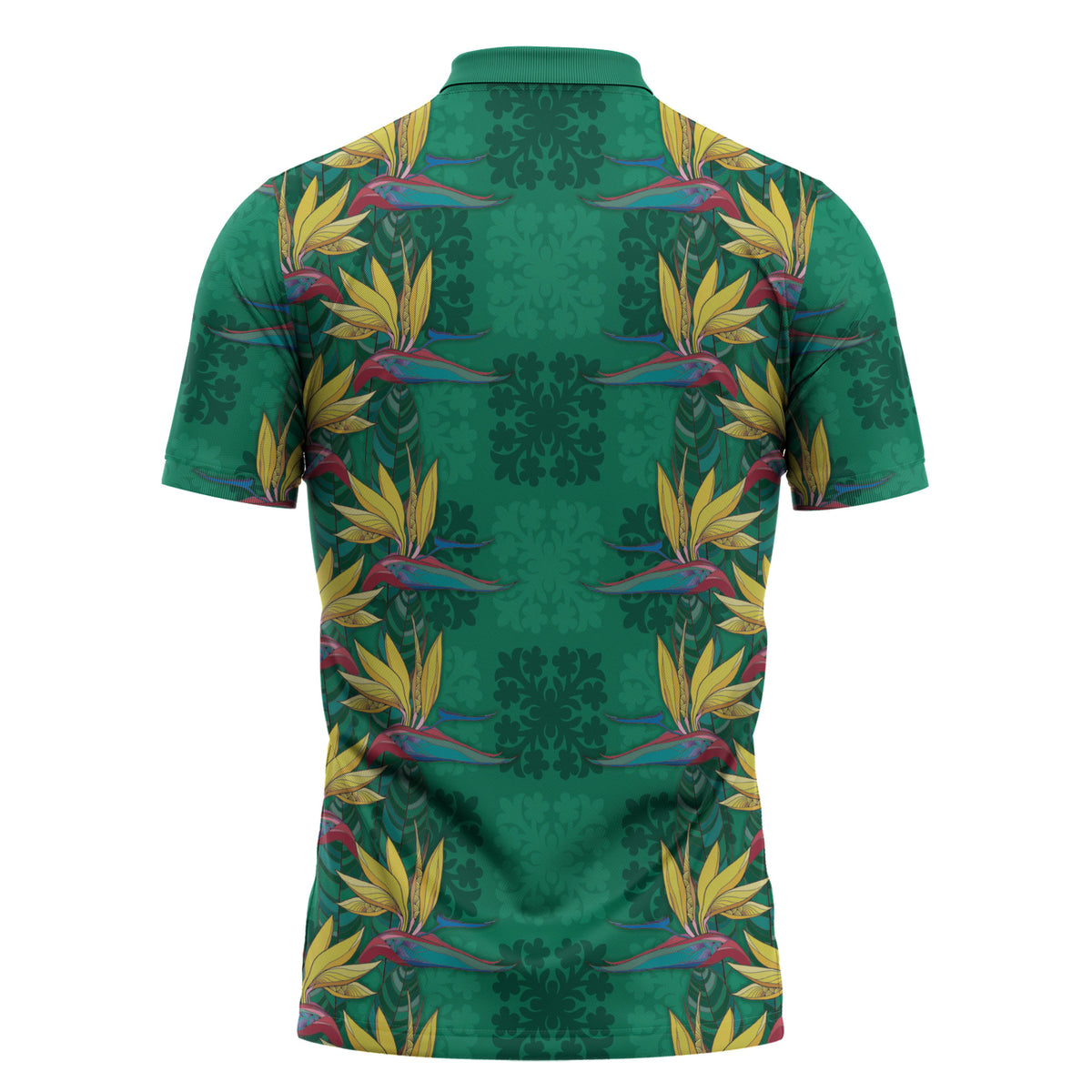 Hawaii Waikiki King Zipper Polo Shirt Green Quilt With Pua Manu LT05 - Polynesian Pride
