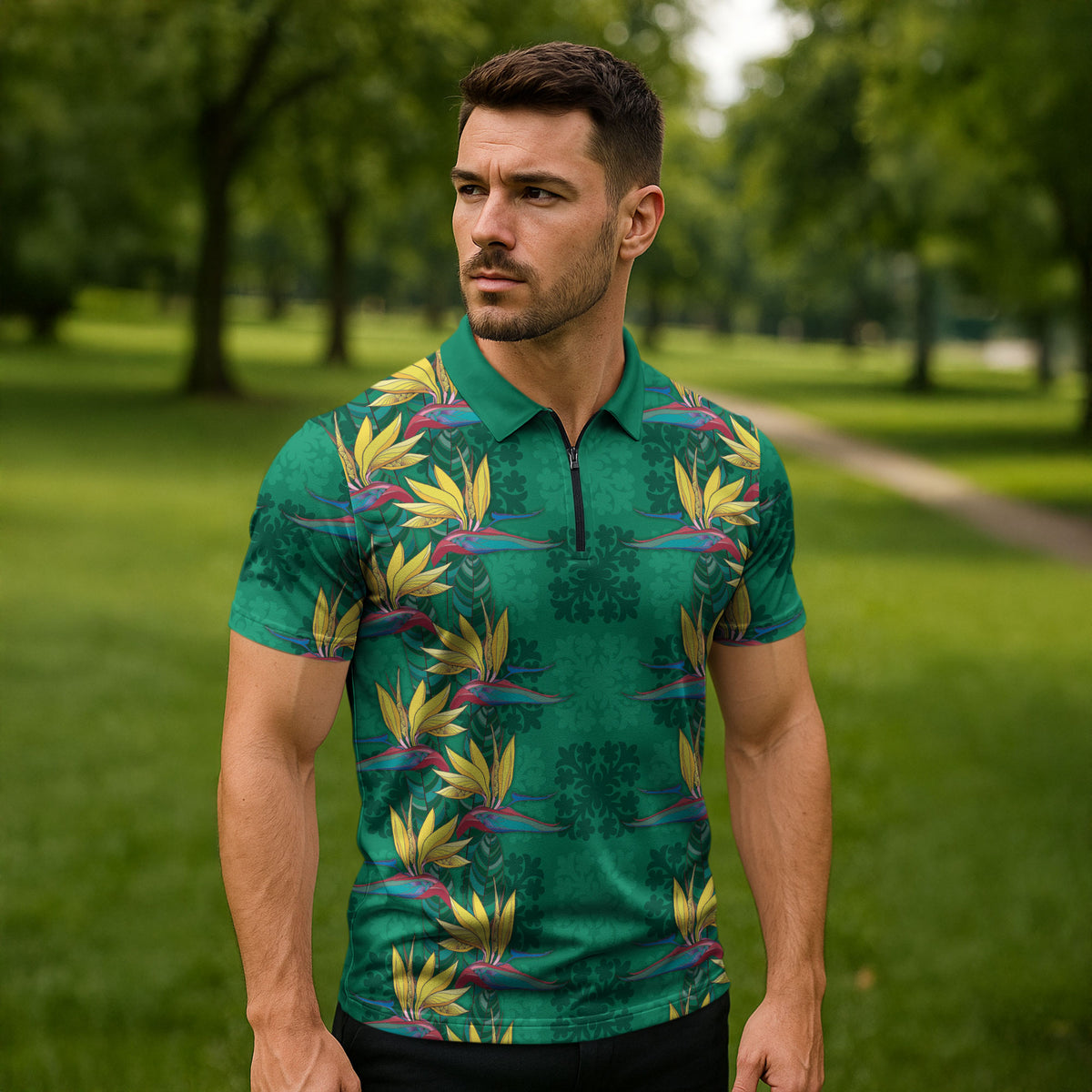 Hawaii Waikiki King Zipper Polo Shirt Green Quilt With Pua Manu LT05 - Polynesian Pride