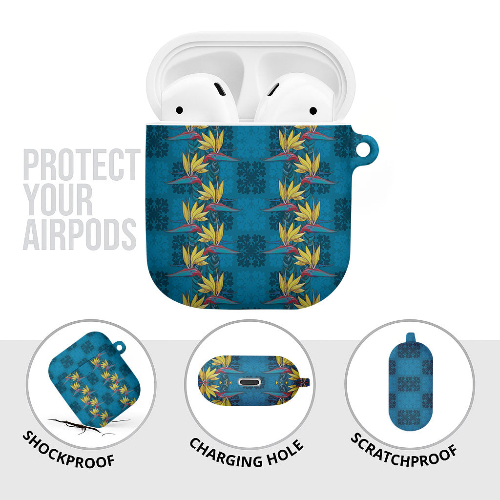 Hawaii Waikiki King AirPods Case Blue Quilt With Pua Manu LT05 - Polynesian Pride
