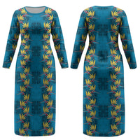 Hawaii Waikiki King Couples Matching Long Sleeve Bodycon Dress and Long Sleeve Button Shirt Blue Quilt With Pua Manu LT05 - Polynesian Pride