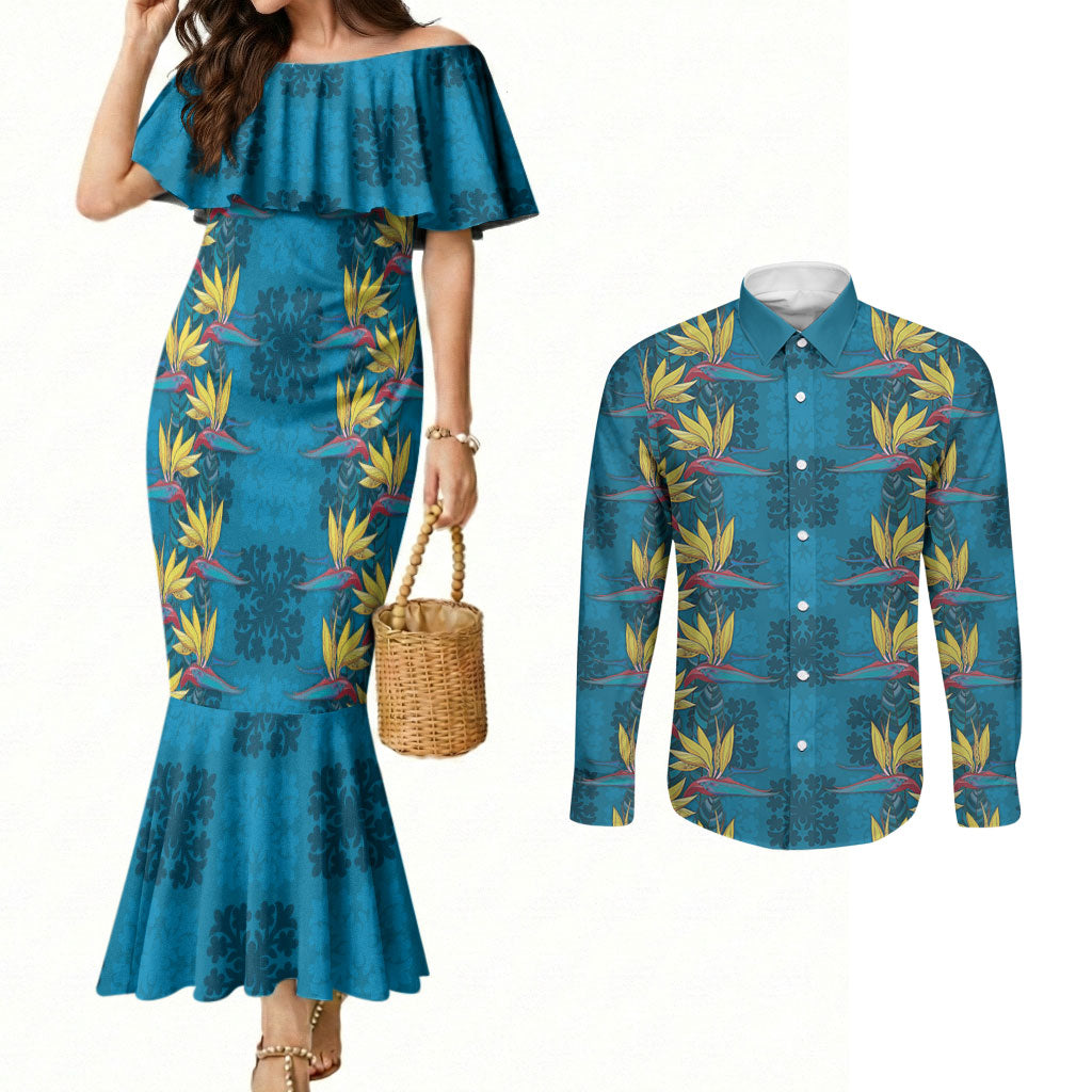 Hawaii Waikiki King Couples Matching Mermaid Dress and Long Sleeve Button Shirt Blue Quilt With Pua Manu LT05 Blue - Polynesian Pride
