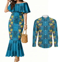 Hawaii Waikiki King Couples Matching Mermaid Dress and Long Sleeve Button Shirt Blue Quilt With Pua Manu LT05 Blue - Polynesian Pride