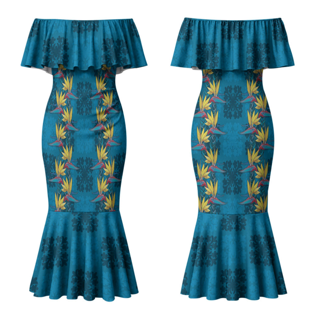 Hawaii Waikiki King Couples Matching Mermaid Dress and Long Sleeve Button Shirt Blue Quilt With Pua Manu LT05 - Polynesian Pride