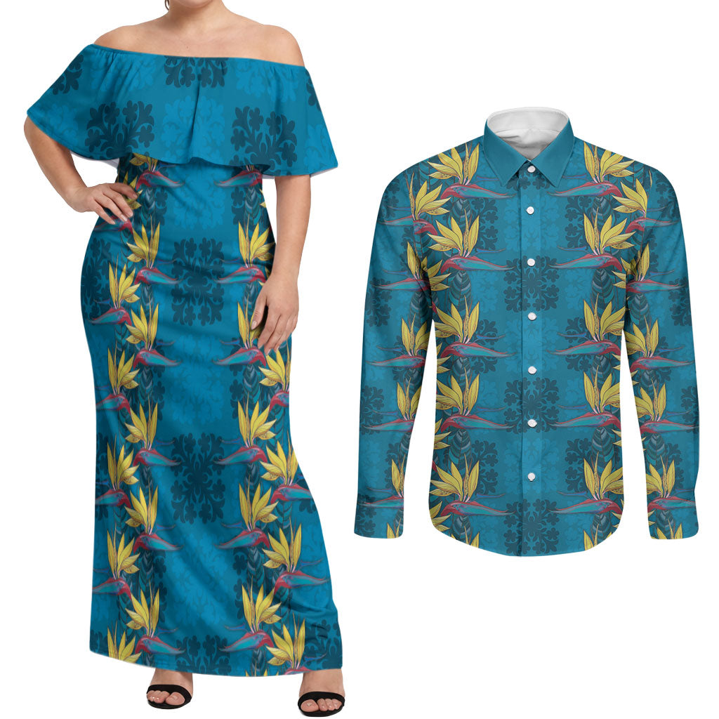 Hawaii Waikiki King Couples Matching Off Shoulder Maxi Dress and Long Sleeve Button Shirt Blue Quilt With Pua Manu LT05 Blue - Polynesian Pride
