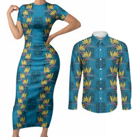 Hawaii Waikiki King Couples Matching Short Sleeve Bodycon Dress and Long Sleeve Button Shirt Blue Quilt With Pua Manu LT05 Blue - Polynesian Pride