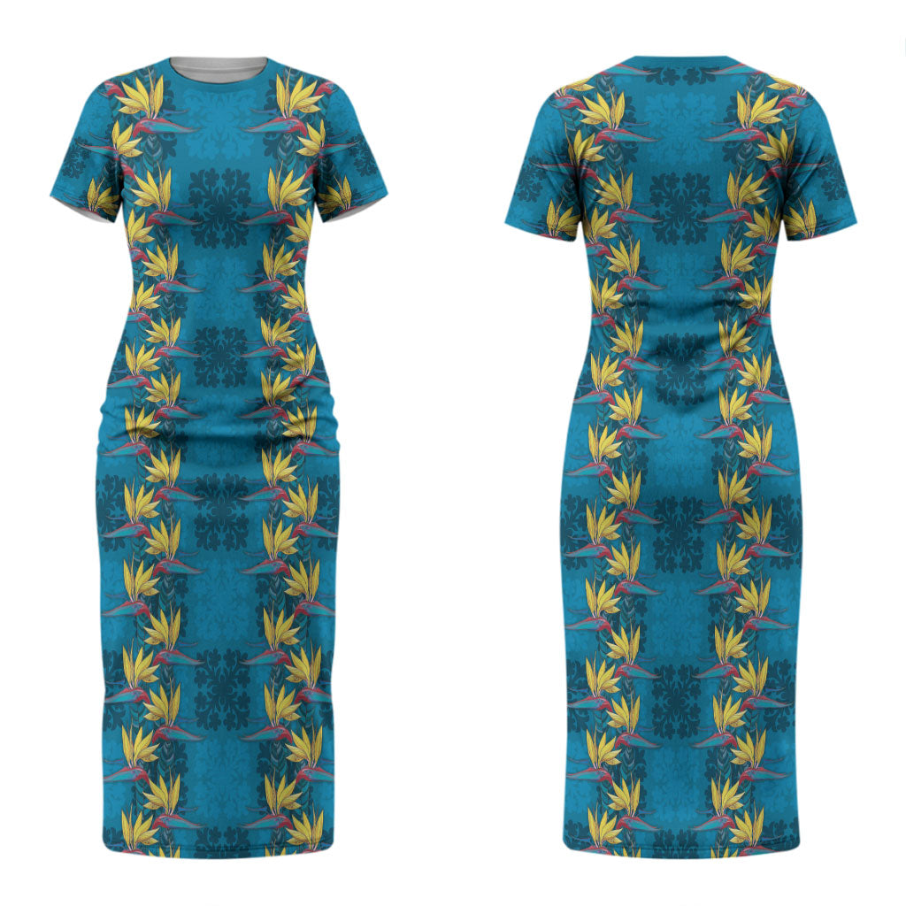 Hawaii Waikiki King Couples Matching Short Sleeve Bodycon Dress and Long Sleeve Button Shirt Blue Quilt With Pua Manu LT05 - Polynesian Pride