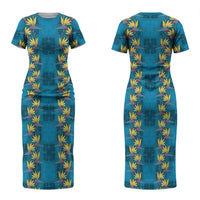 Hawaii Waikiki King Couples Matching Short Sleeve Bodycon Dress and Long Sleeve Button Shirt Blue Quilt With Pua Manu LT05 - Polynesian Pride