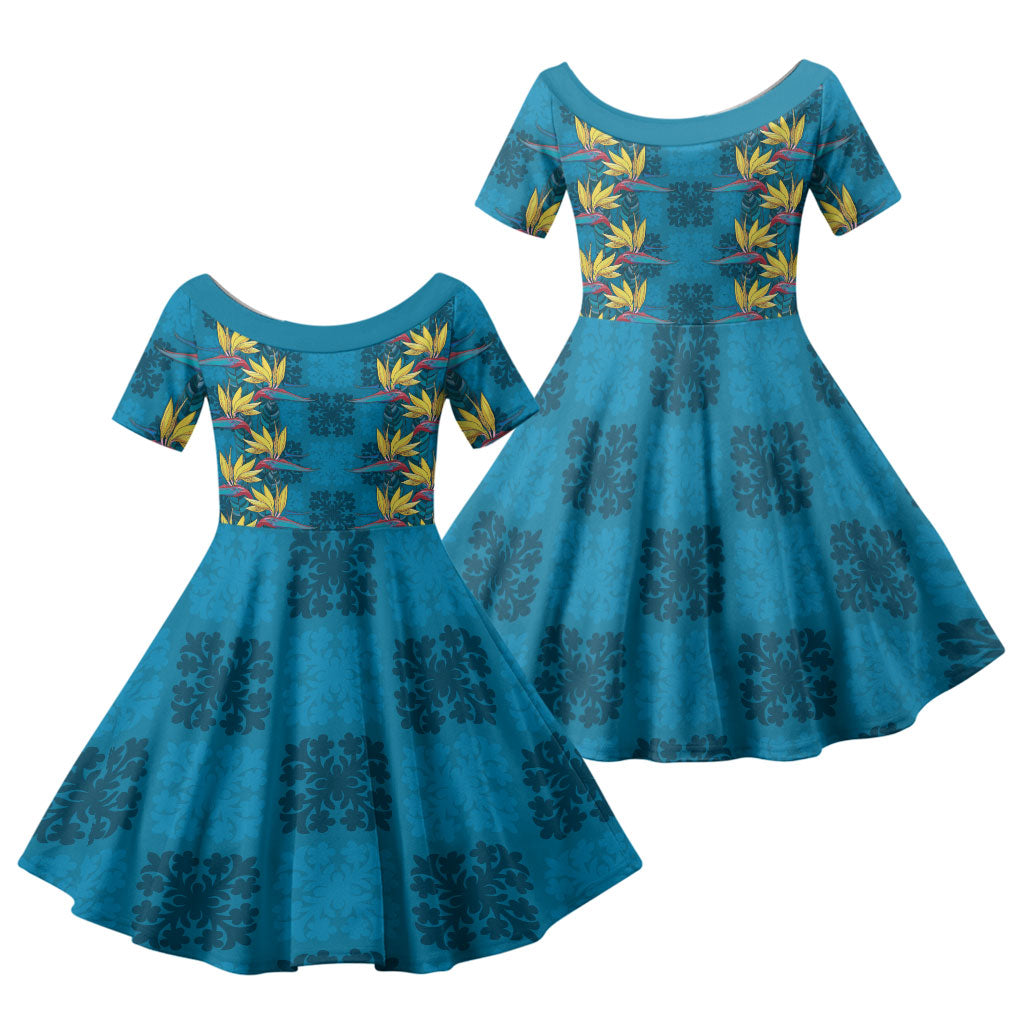 Hawaii Waikiki King Family Matching Mermaid Dress and Hawaiian Shirt Blue Quilt With Pua Manu LT05 Daughter's Dress Blue - Polynesian Pride