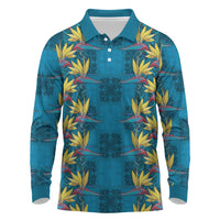 Hawaii Waikiki King Long Sleeve Polo Shirt Blue Quilt With Pua Manu LT05 Blue - Polynesian Pride
