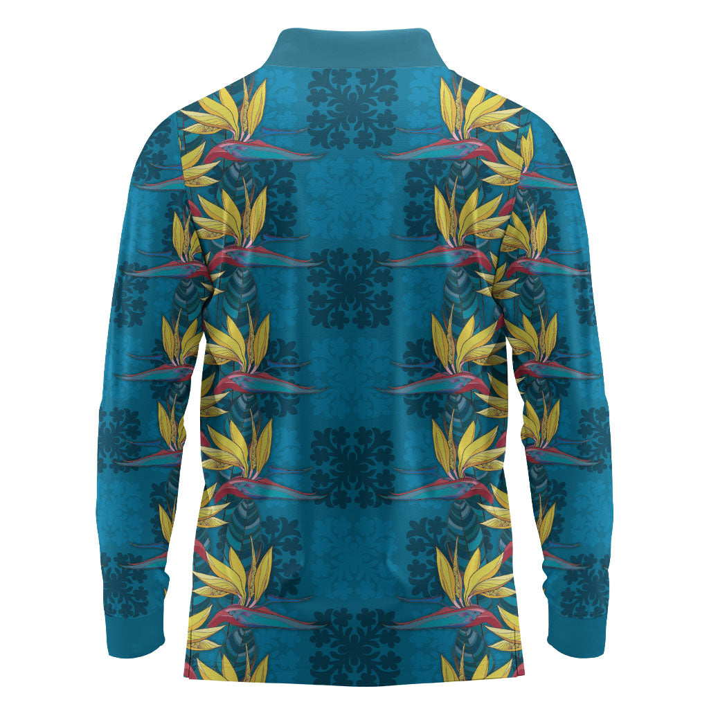 Hawaii Waikiki King Long Sleeve Polo Shirt Blue Quilt With Pua Manu LT05 - Polynesian Pride