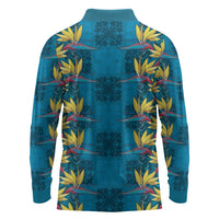 Hawaii Waikiki King Long Sleeve Polo Shirt Blue Quilt With Pua Manu LT05 - Polynesian Pride