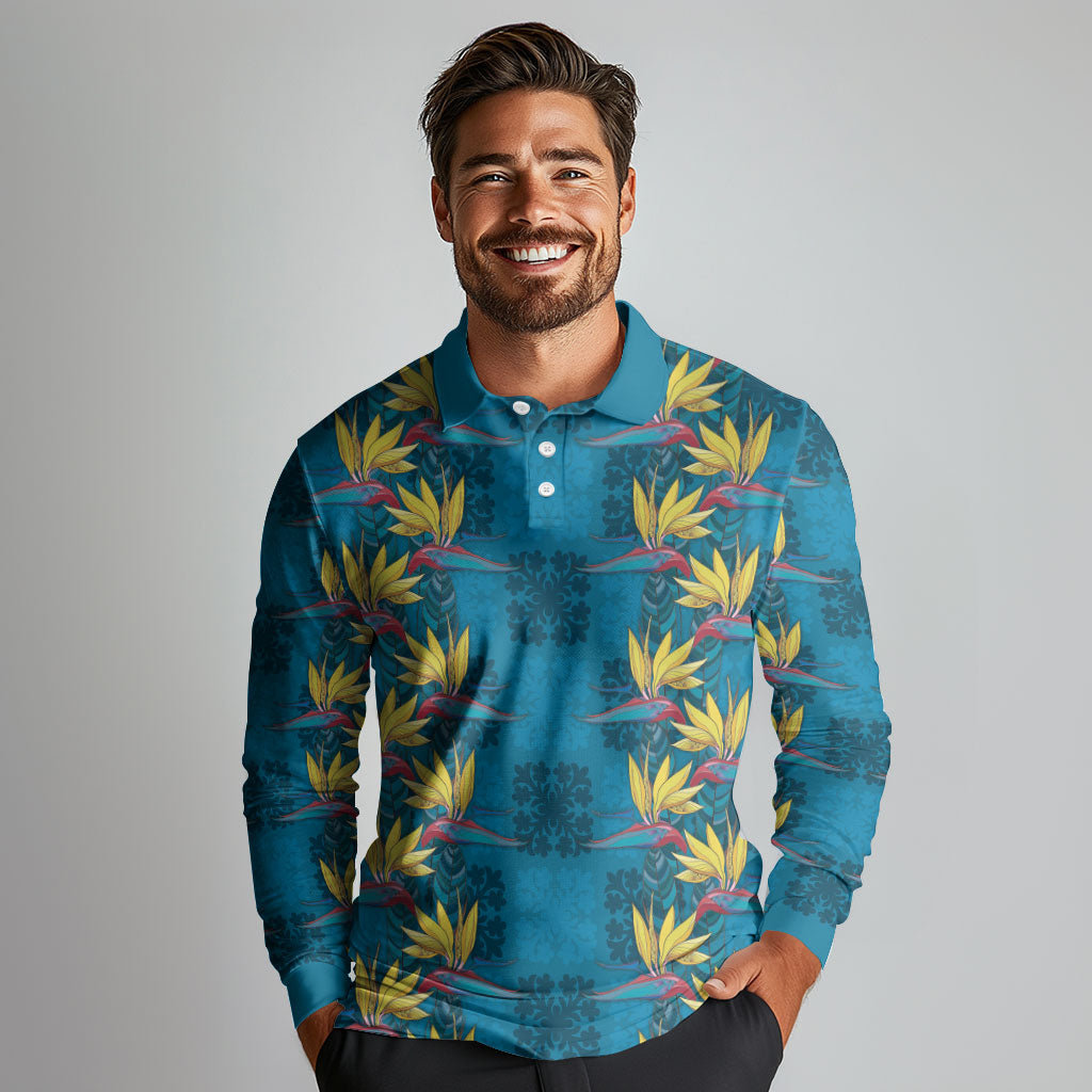 Hawaii Waikiki King Long Sleeve Polo Shirt Blue Quilt With Pua Manu LT05 - Polynesian Pride