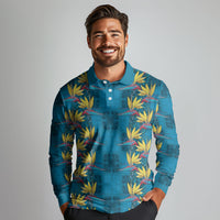 Hawaii Waikiki King Long Sleeve Polo Shirt Blue Quilt With Pua Manu LT05 - Polynesian Pride