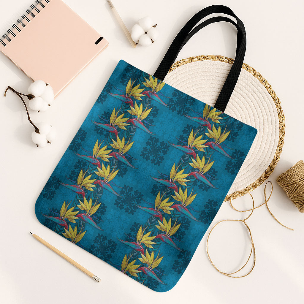 Hawaii Waikiki King Tote Bag Blue Quilt With Pua Manu LT05 Black Strap One Size Blue - Polynesian Pride