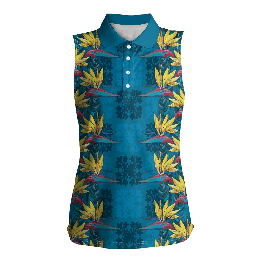 Hawaii Waikiki King Women Sleeveless Polo Shirt Blue Quilt With Pua Manu LT05 Female Blue - Polynesian Pride