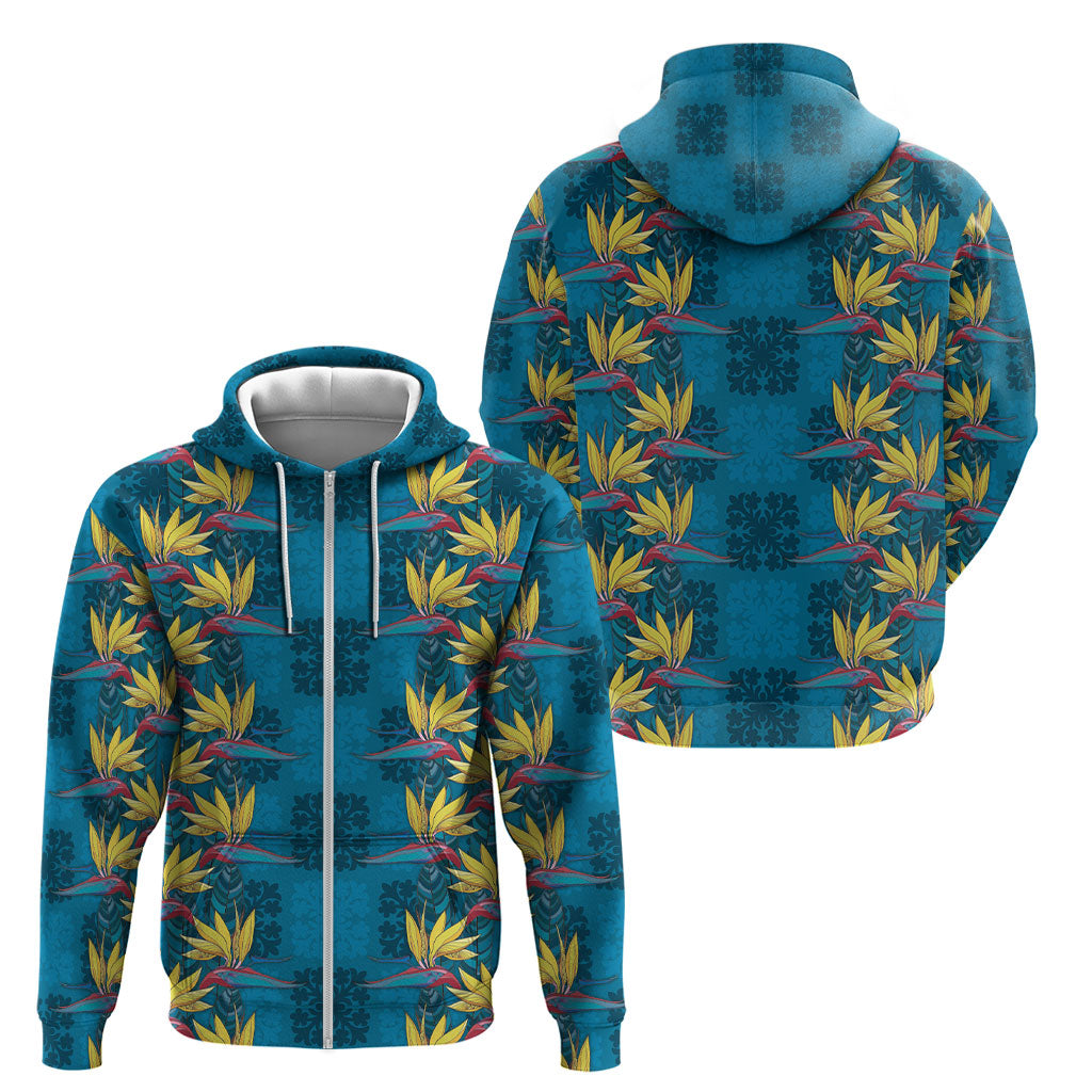 Hawaii Waikiki King Zip Hoodie Blue Quilt With Pua Manu LT05 - Polynesian Pride