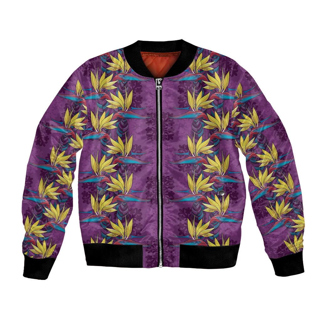 Hawaii Waikiki King Bomber Jacket Purple Quilt With Pua Manu LT05 Unisex Purple - Polynesian Pride